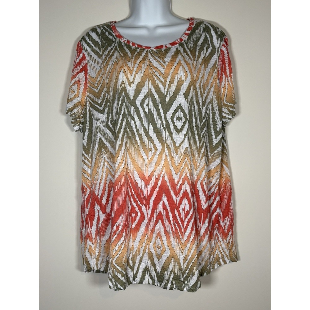 CHICOS Geometric Safari Zenergy Short Sleeve Blouse Green Orange  Size 2 (12/14)